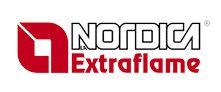 La Nordica Extraflame : Chauffage à bois et pellets Logo rouge et blanc La Nordica Extraflame avec symbole géométrique pour poêles à bois et granulés.