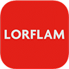 Logo Lorflam - Expert en Poêles et Cheminées à Bois Logo Lorflam avec texte blanc sur fond rouge carré aux coins arrondis.