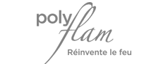 Polyflam : Réinvente le feu, solutions de chauffage Logo Polyflam gris combinant écriture moderne et cursive avec le slogan Réinvente le feu.