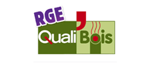 Logo RGE QualiBois : Certification Chauffage au Bois Logo RGE QualiBois vert et violet avec symboles de chaleur rouge, certifiant les experts en chauffage au bois.
